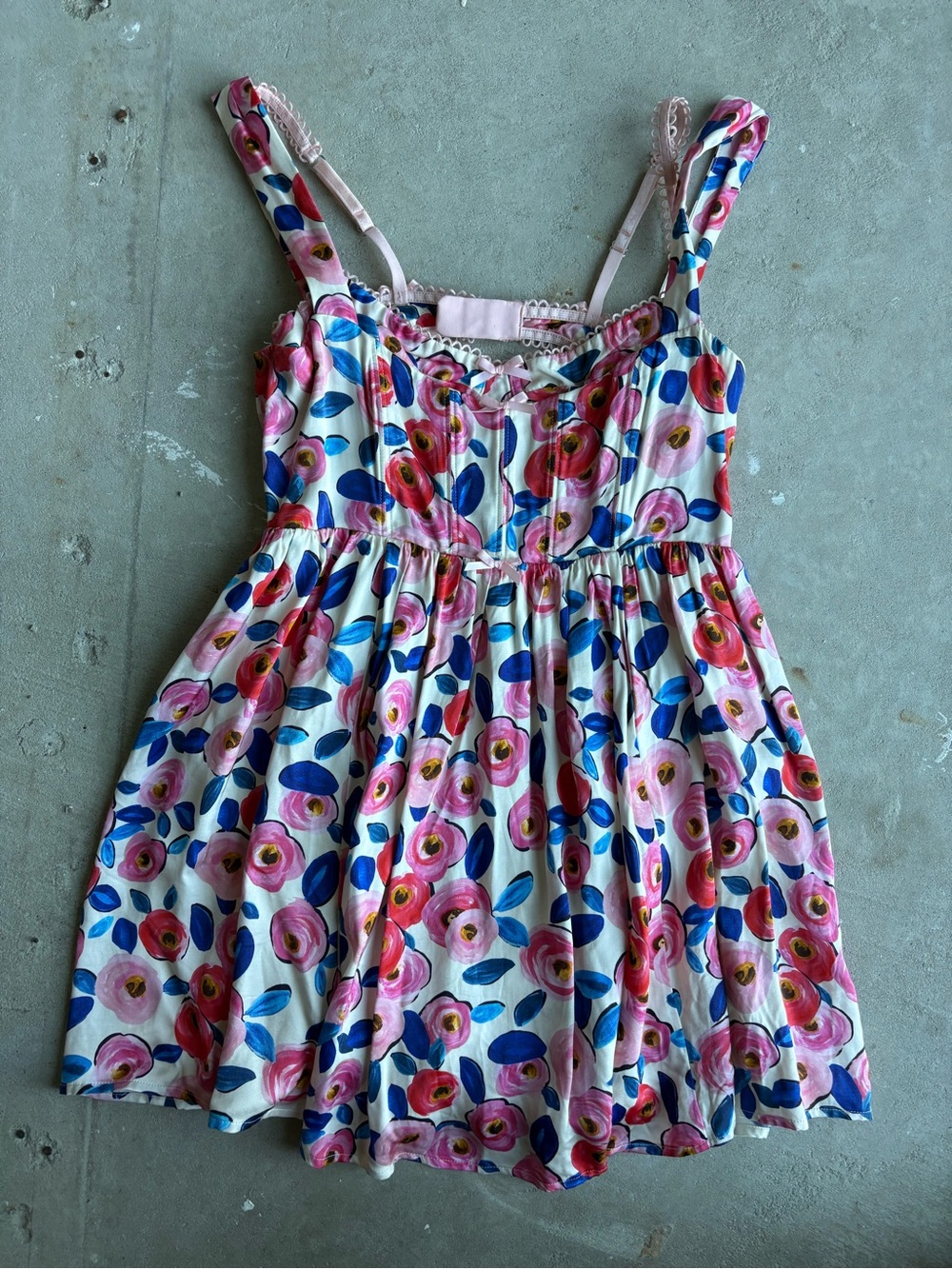 For Love and Lemons Pink Floral Sundress with Blue leaves and built in bra